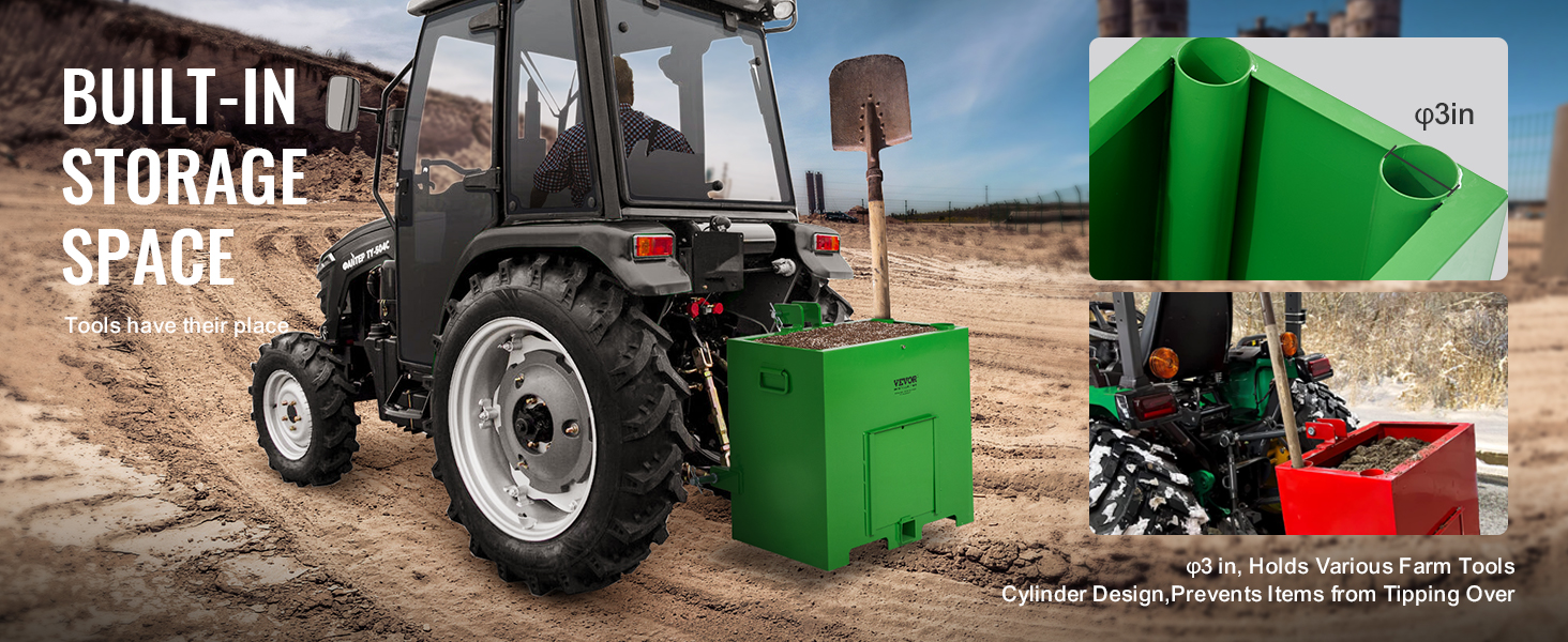 VEVOR ballast box attached to a tractor, showcasing built-in storage space for farm tools in a dirt field.