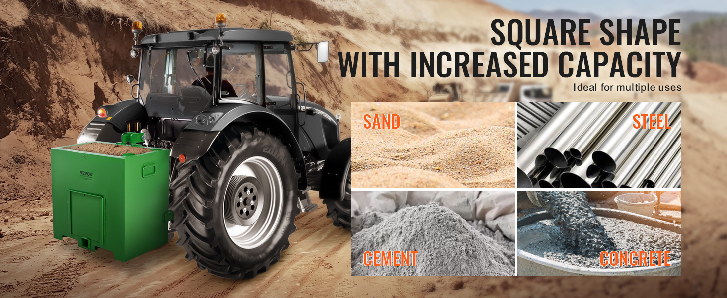 tractor with VEVOR ballast box showing increased capacity for sand, steel, cement, and concrete usage.