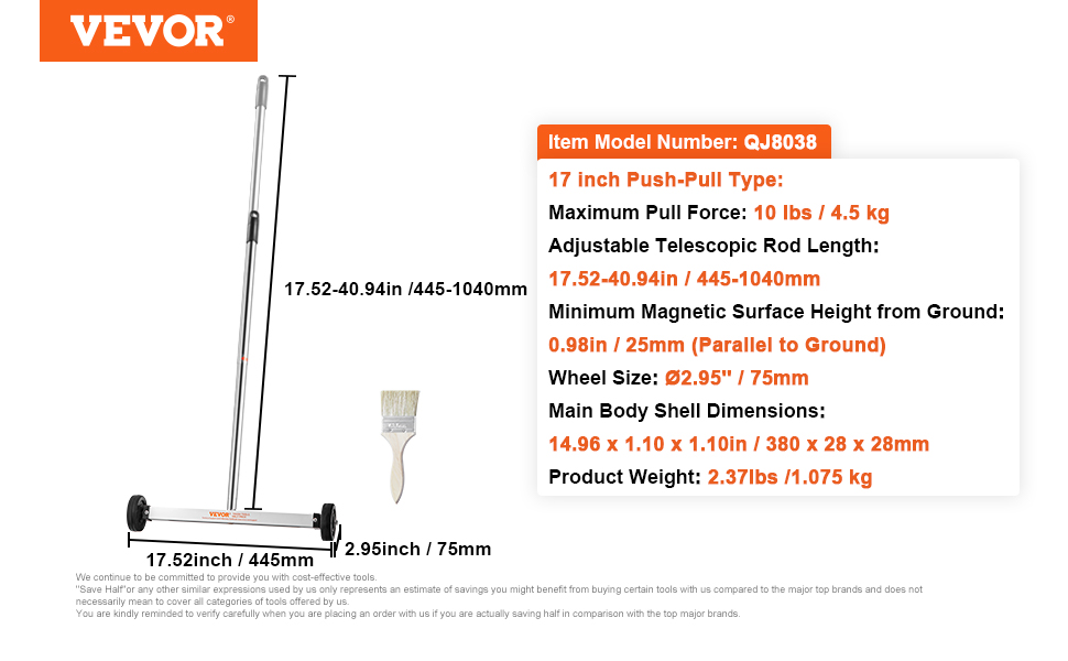 VEVOR magnetic sweeper with adjustable rod length, 10 lbs pull force, and 2.95-inch wheels.