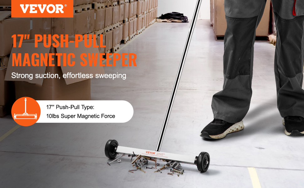 VEVOR magnetic sweeper in a warehouse, showcasing strong suction and effortless sweeping on wheels.