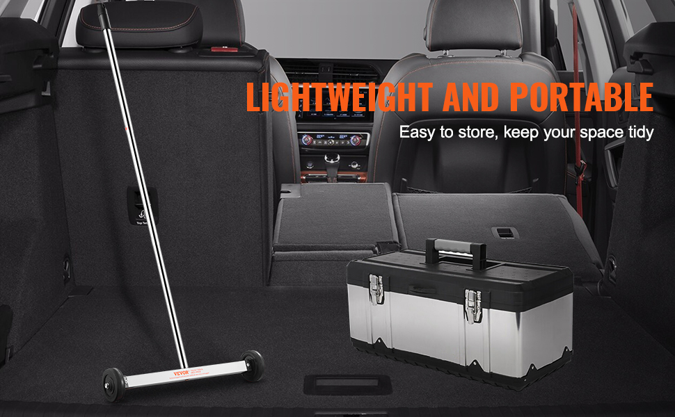 VEVOR magnetic sweeper in car trunk, showcased as lightweight and portable with a toolbox nearby.