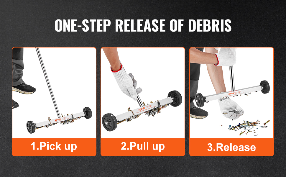 VEVOR magnetic sweeper: one-step debris release, showcasing pick up, pull up, and release in three steps.