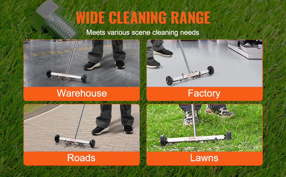VEVOR magnetic sweeper cleaning warehouse, factory, roads, and lawns with wide cleaning range.