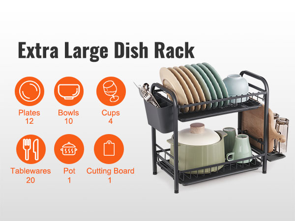 VEVOR dish drying rack holds 12 plates, 10 bowls, 4 cups, 20 tablewares, a pot, and a cutting board.