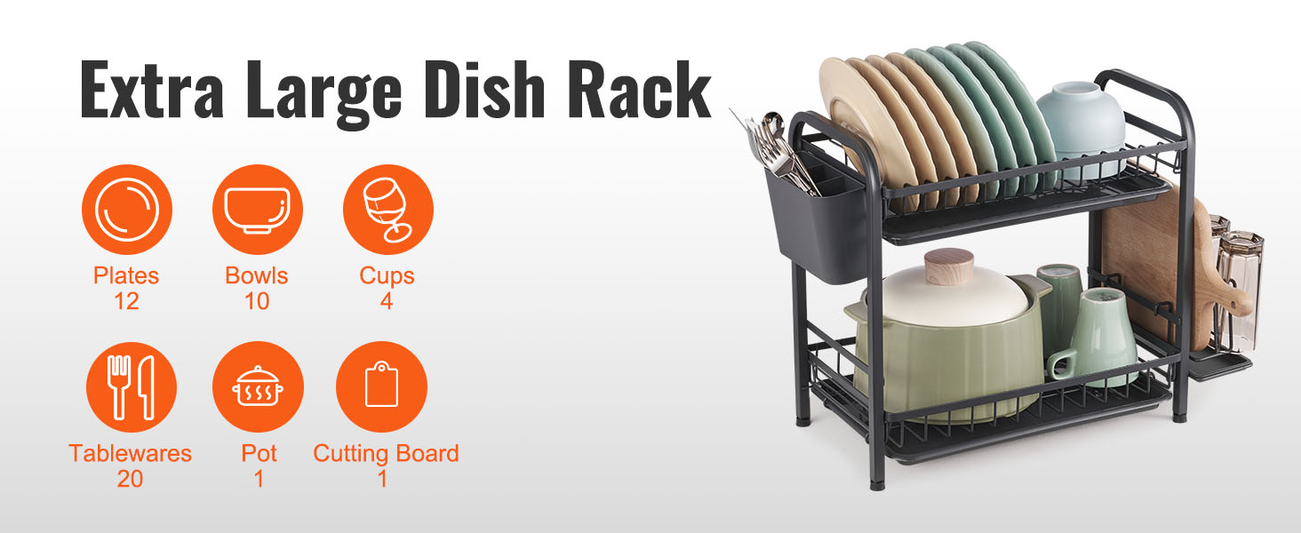 VEVOR dish drying rack holds 12 plates, 10 bowls, 4 cups, 20 tablewares, a pot, and a cutting board.