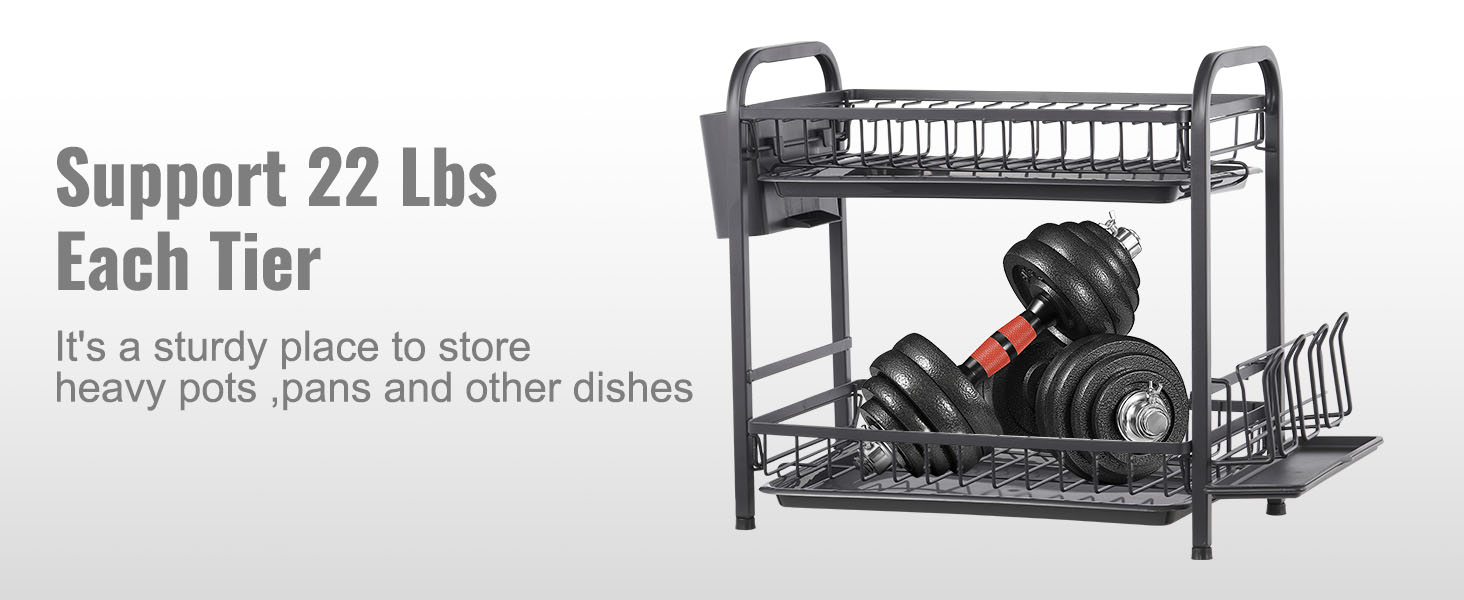 VEVOR dish drying rack with two tiers supporting 22 lbs each, ideal for heavy pots and pans.