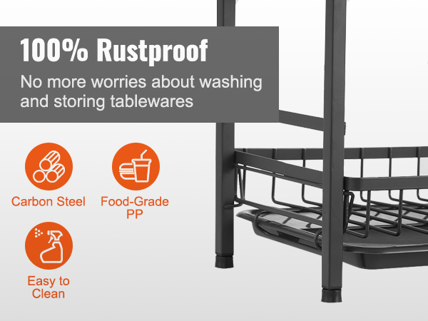 VEVOR dish drying rack, 100% rustproof carbon steel, food-grade pp, and easy-to-clean features.