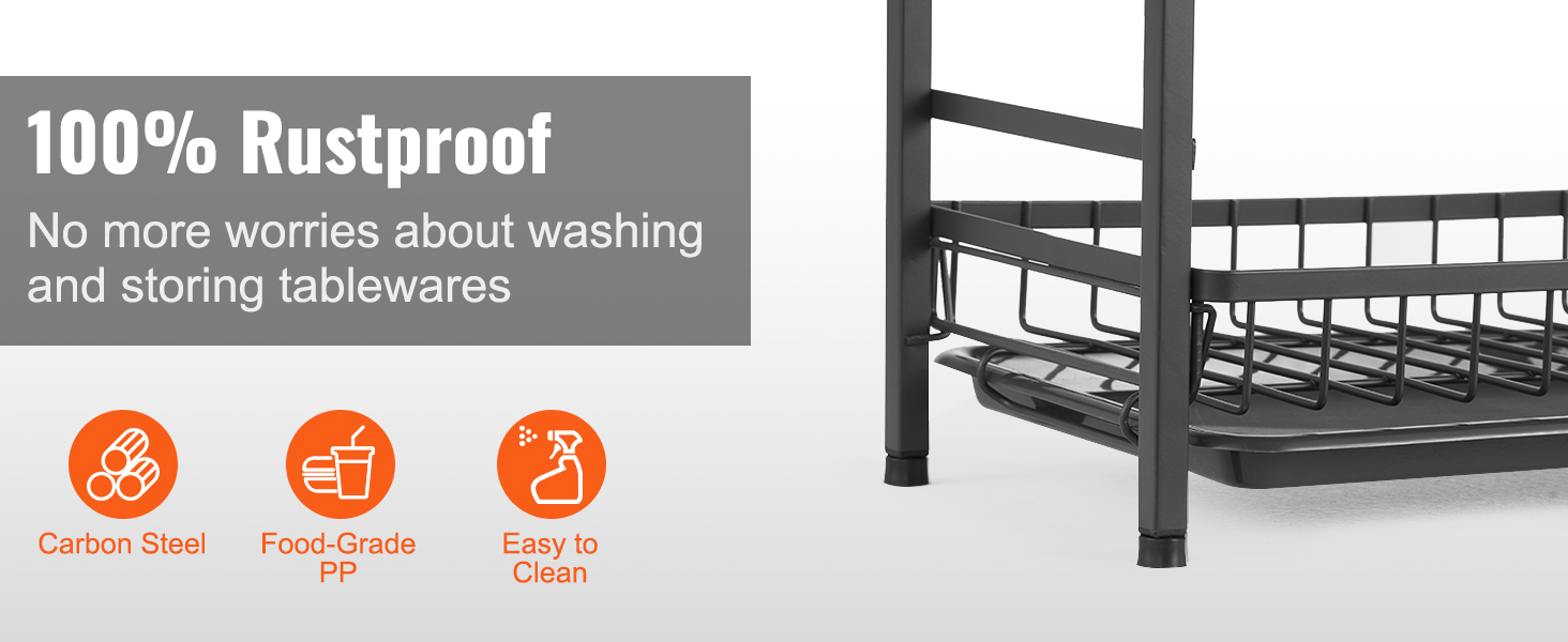 VEVOR dish drying rack, 100% rustproof carbon steel, food-grade pp, and easy-to-clean features.