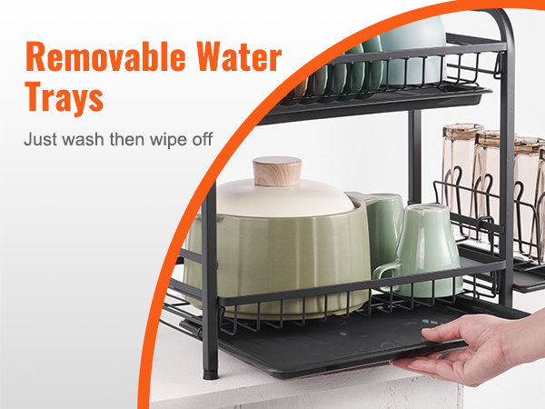 VEVOR dish drying rack with removable water trays for easy cleaning, holding pots and mugs.