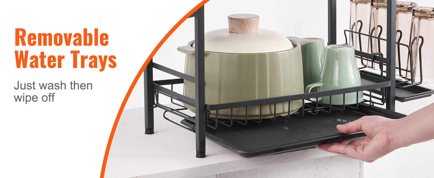 VEVOR dish drying rack with removable water trays for easy cleaning, holding pots and mugs.