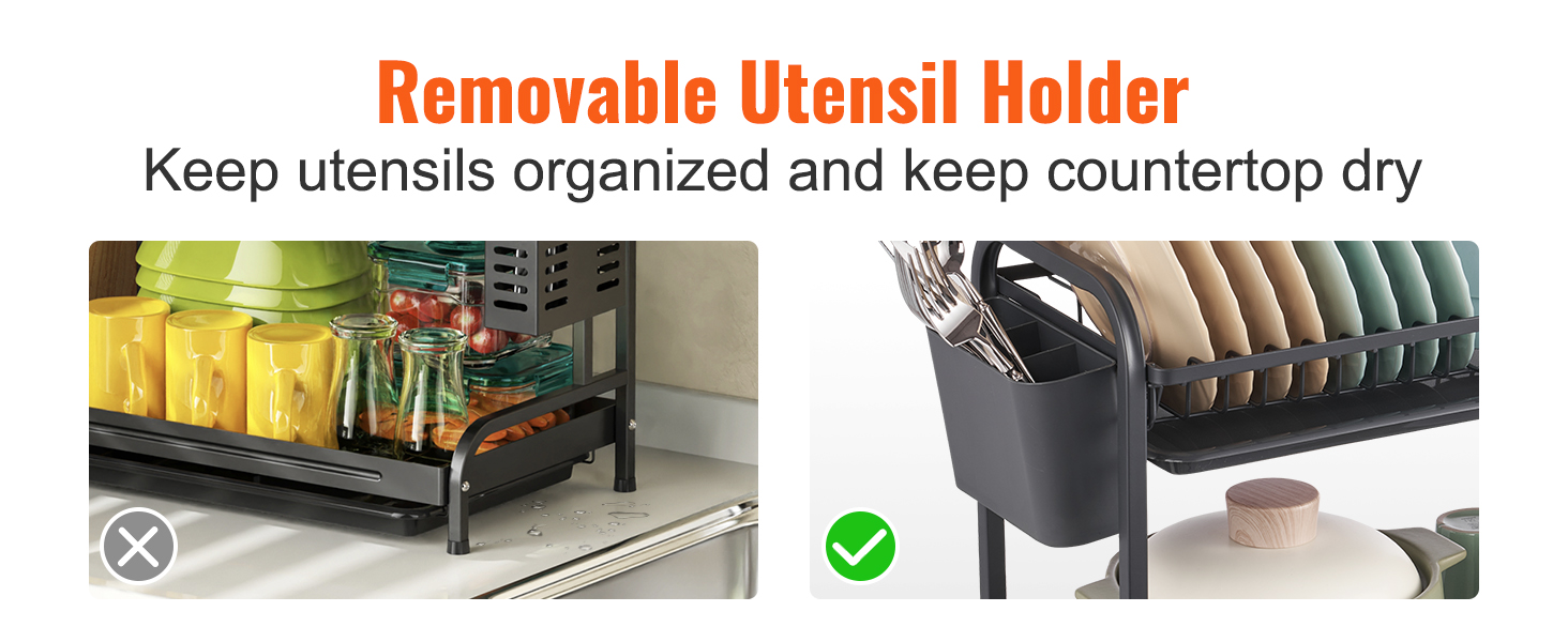 VEVOR dish drying rack with removable utensil holder, organized countertop, and dry dishes efficiently.