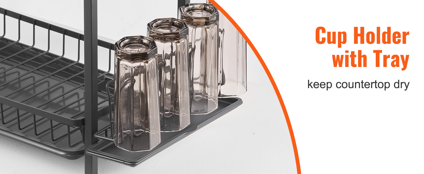 VEVOR dish drying rack with cup holder and tray to keep the countertop dry.