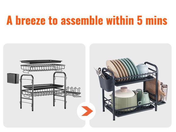 VEVOR dish drying rack showing assembly and fully loaded with dishes, cups, and cutlery holder.