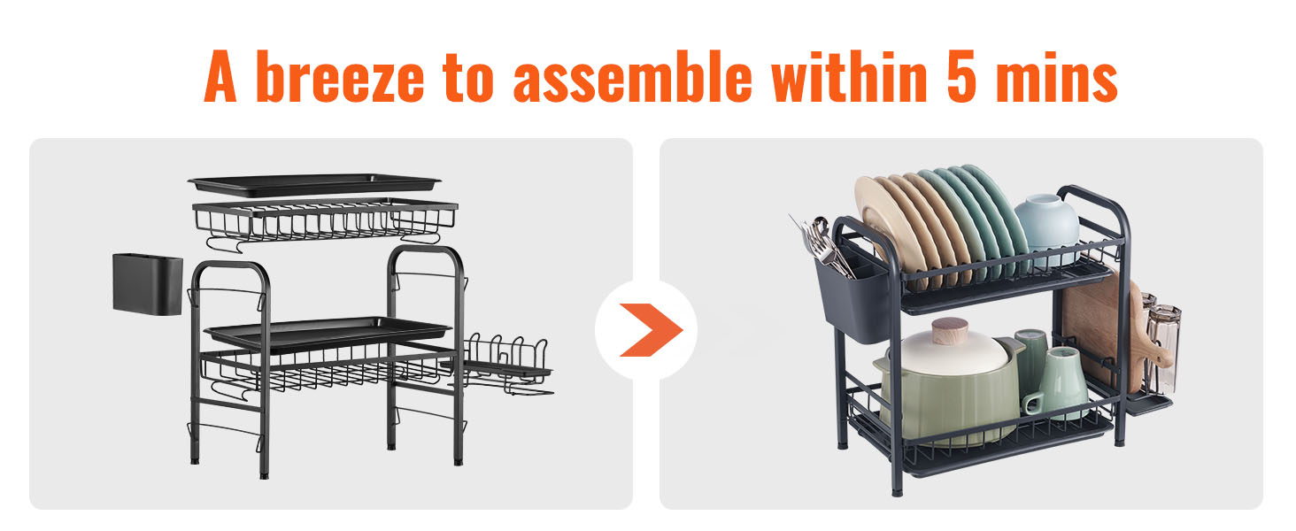 VEVOR dish drying rack showing assembly and fully loaded with dishes, cups, and cutlery holder.