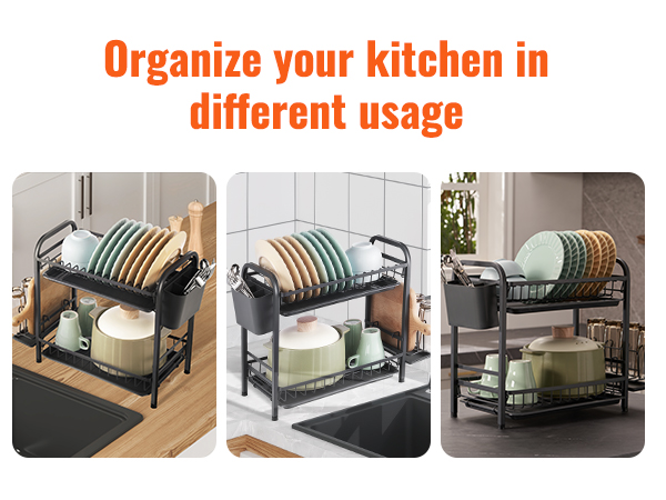 VEVOR dish drying rack holding plates, bowls, and utensils on a kitchen countertop.