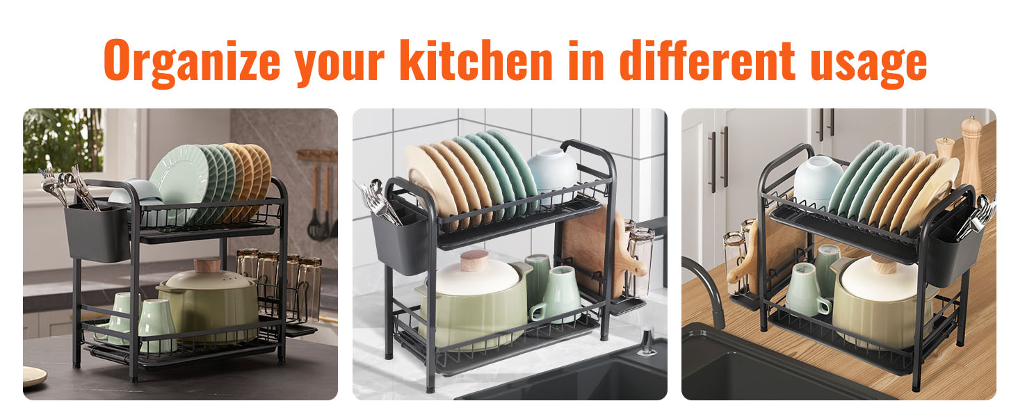 VEVOR dish drying rack holding plates, bowls, and utensils on a kitchen countertop.