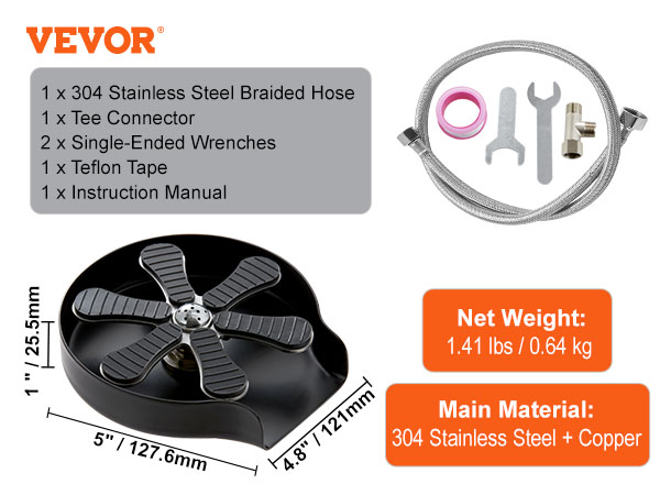 VEVOR glass rinser with stainless steel braided hose, tee connector, wrenches, and teflon tape.