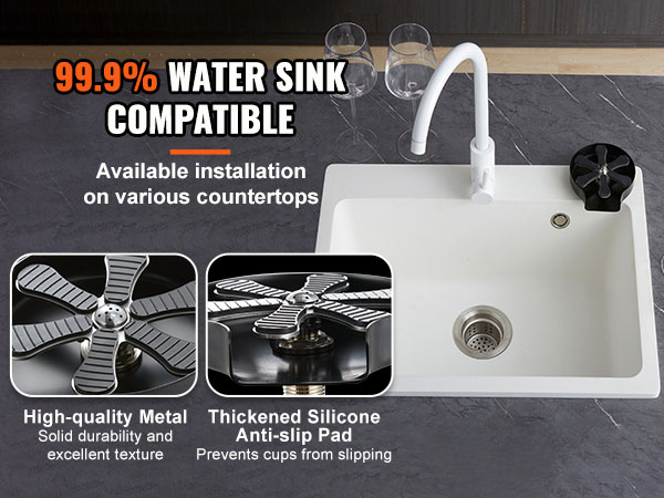 VEVOR glass rinser: 99.9% sink compatible, durable metal construction, anti-slip pad for cup stability.