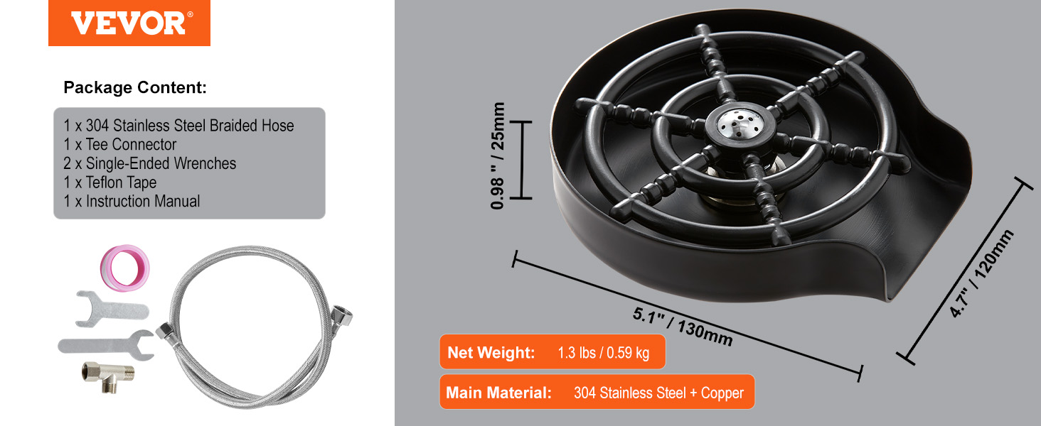 VEVOR glass rinser with 304 stainless steel braided hose, tee connector, wrenches, and teflon tape.