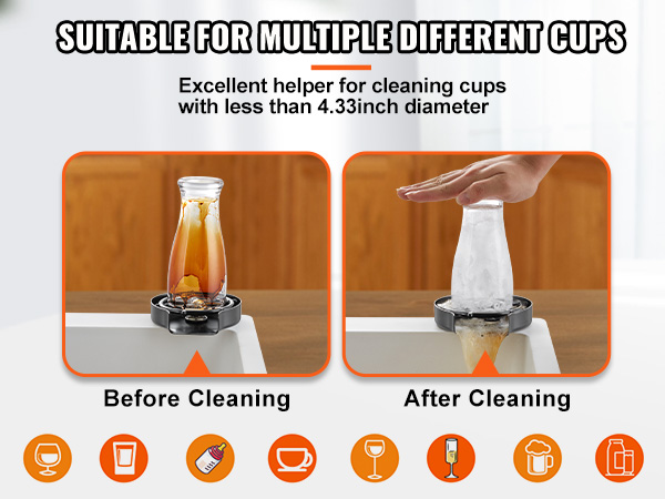 VEVOR glass rinser demonstrating cleaning barware, glasses, baby bottles, coffee cups, and more.