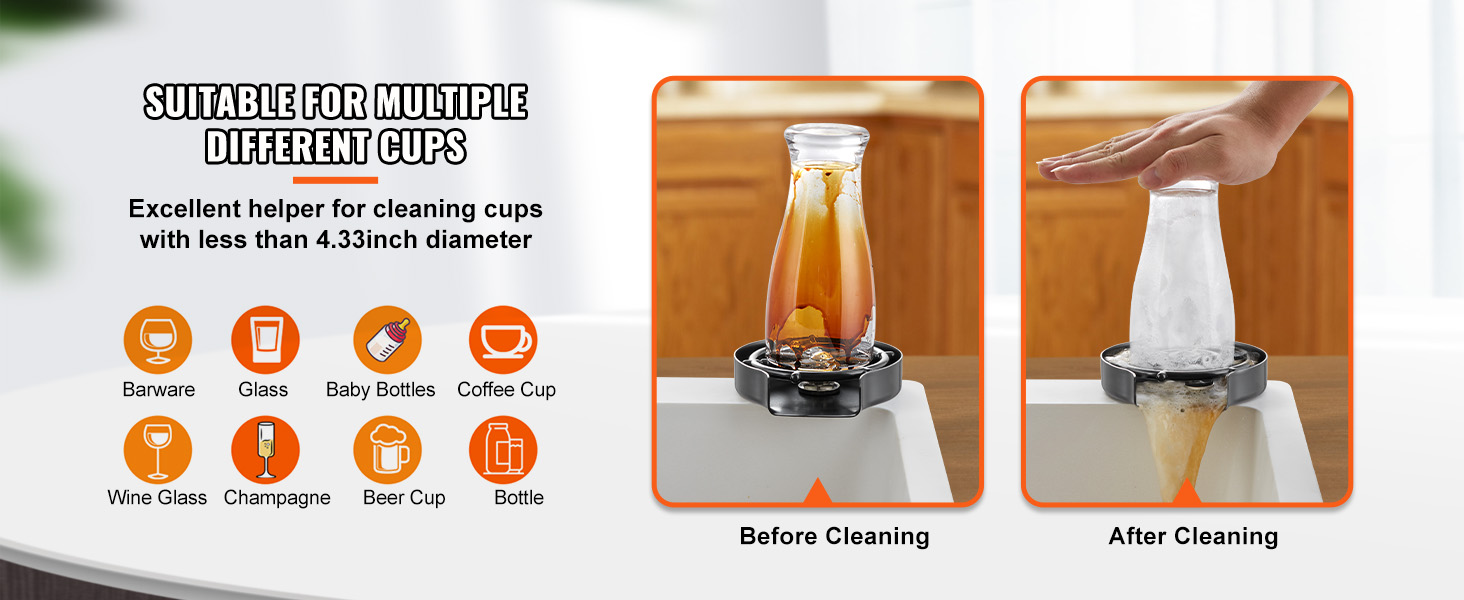 VEVOR glass rinser demonstrating cleaning barware, glasses, baby bottles, coffee cups, and more.