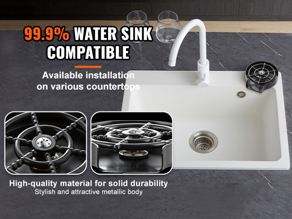 VEVOR glass rinser: 99.9% water sink compatibility, high-quality material, stylish design.