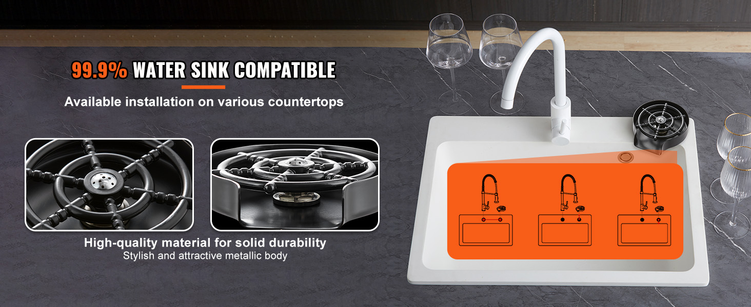 VEVOR glass rinser: 99.9% water sink compatibility, high-quality material, stylish design.