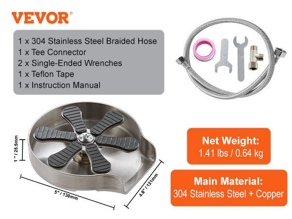 VEVOR glass rinser with stainless steel braided hose, wrenches, tee connector, teflon tape, and manual.