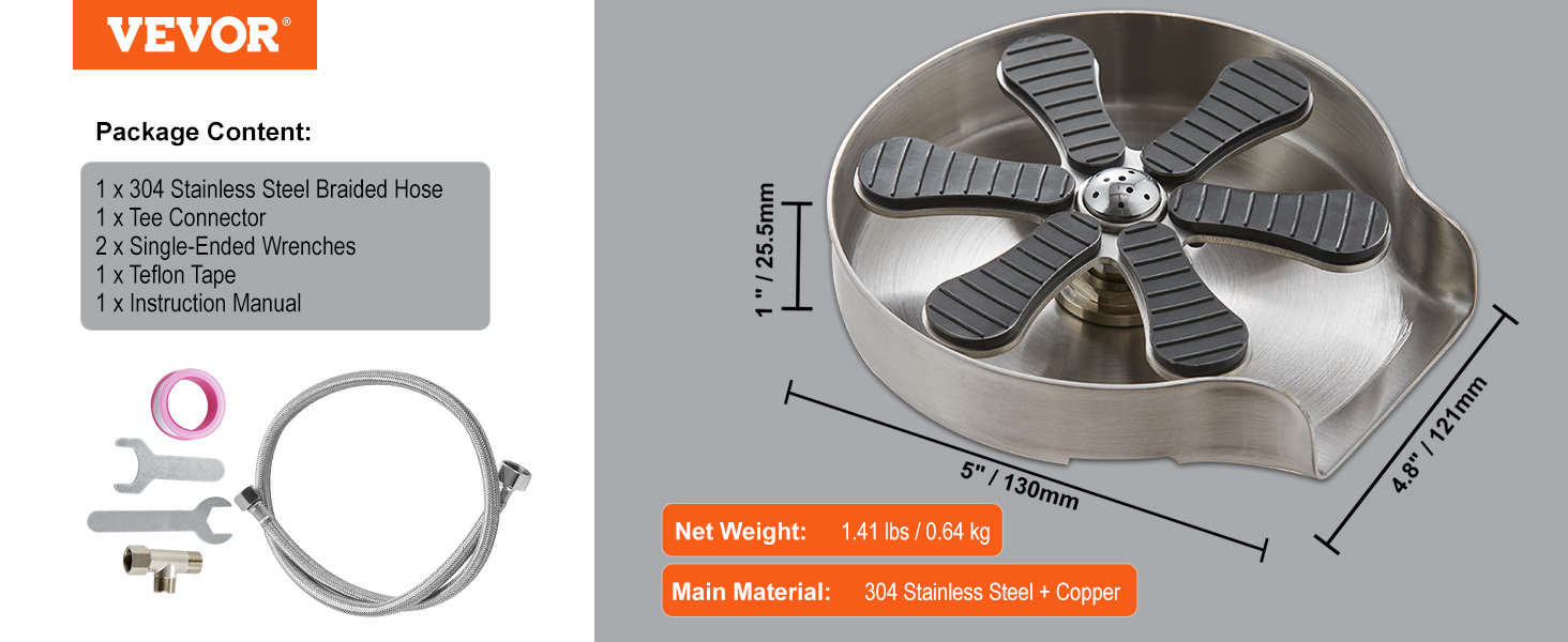 VEVOR glass rinser with stainless steel braided hose, wrenches, tee connector, teflon tape, and manual.