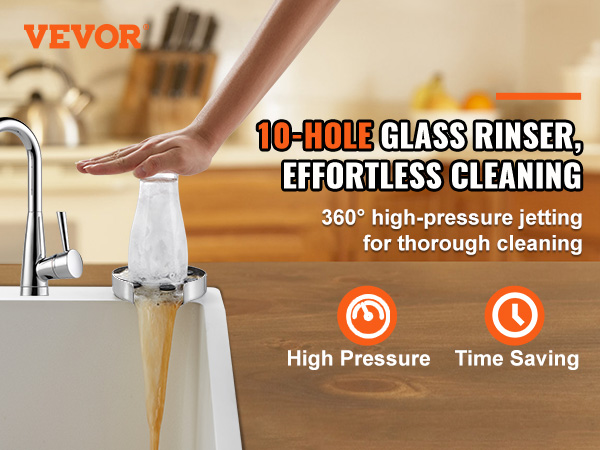 VEVOR glass rinser with 10-hole high-pressure jets for effortless and thorough cleaning.