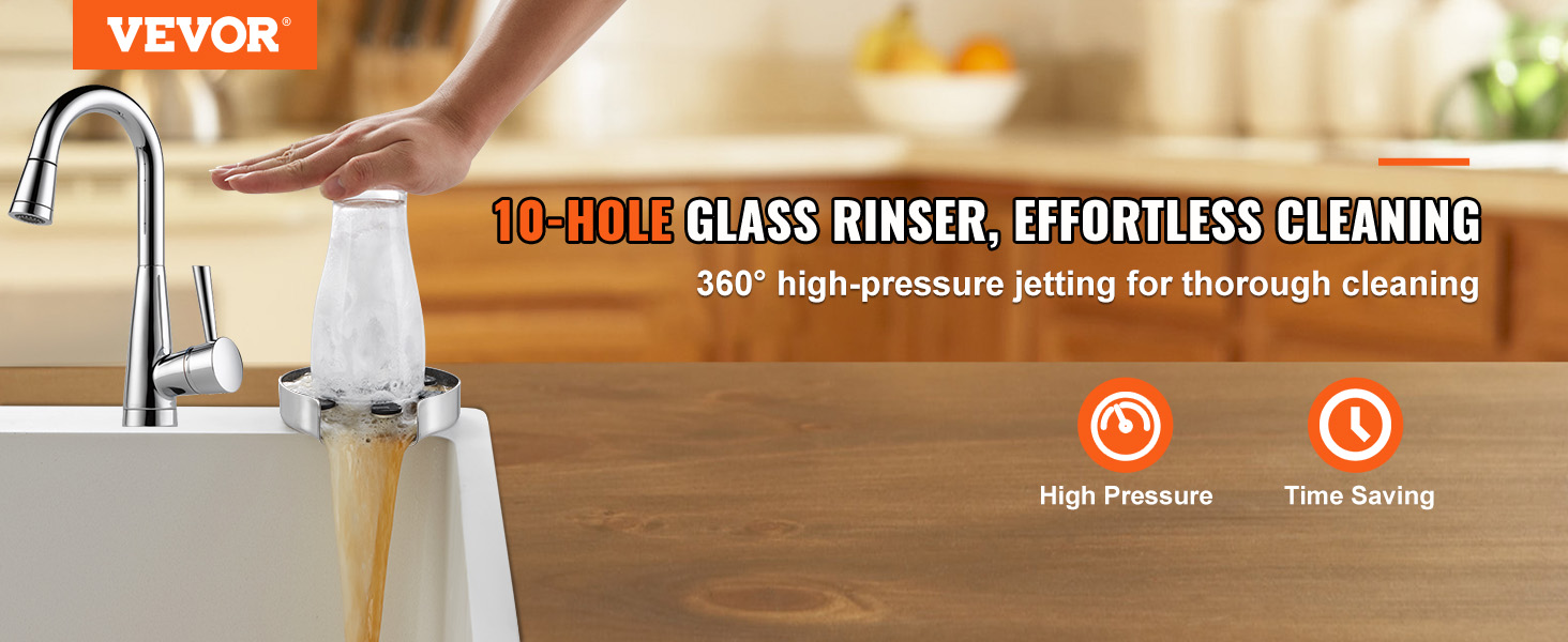 VEVOR glass rinser with 10-hole high-pressure jets for effortless and thorough cleaning.