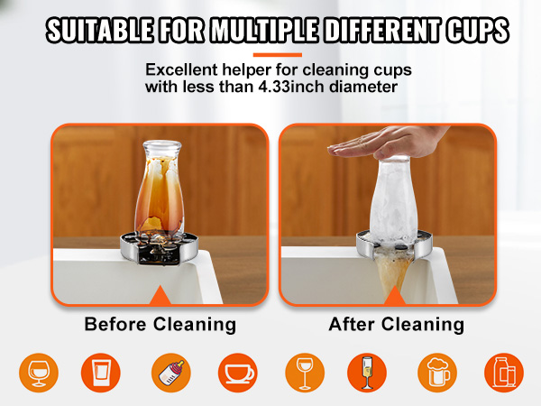 VEVOR glass rinser for cleaning various cups, showcasing "before and after cleaning" process.