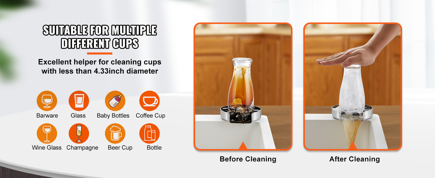 VEVOR glass rinser for cleaning various cups, showcasing "before and after cleaning" process.
