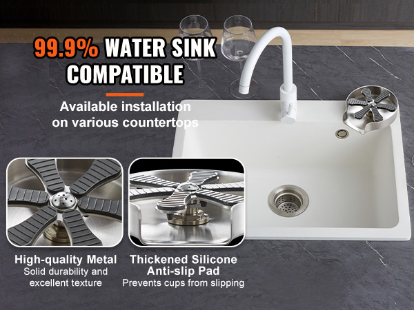 VEVOR glass rinser installed in a kitchen sink with high-quality metal and anti-slip silicone pad.