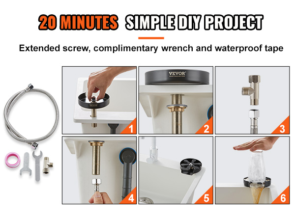 20-minute VEVOR glass rinser diy installation steps, with hose, wrench, waterproof tape, and fittings.