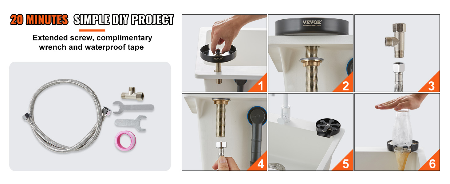 20-minute VEVOR glass rinser diy installation steps, with hose, wrench, waterproof tape, and fittings.