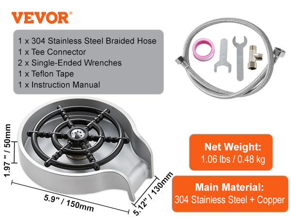 VEVOR glass rinser package with stainless steel braided hose, tee connector, and wrenches.