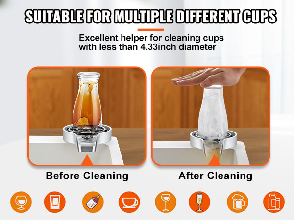 VEVOR glass rinser cleaning different types of cups showing before and after cleaning results.
