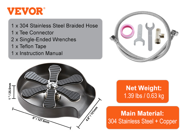 VEVOR glass rinser package includes hose, tee connector, wrenches, teflon tape, and instruction manual.