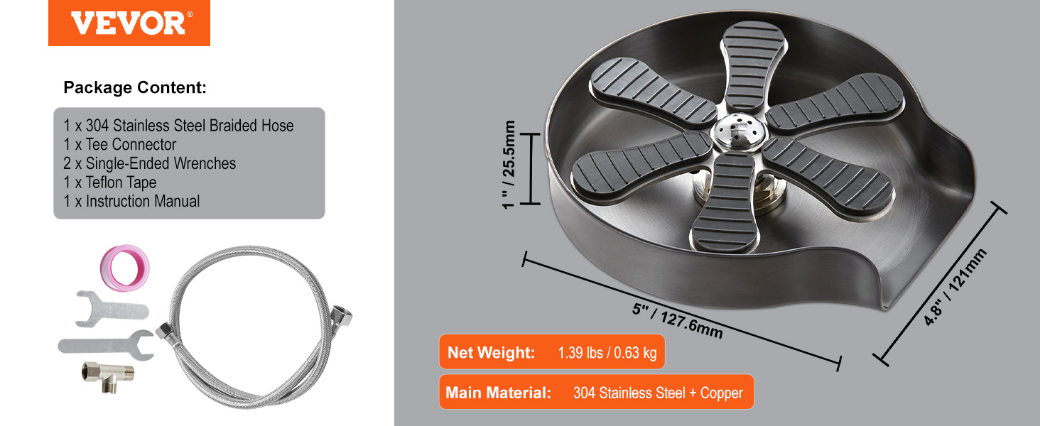 VEVOR glass rinser package includes hose, tee connector, wrenches, teflon tape, and instruction manual.