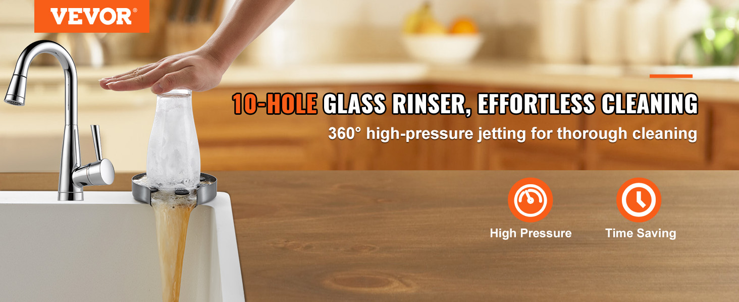 VEVOR glass rinser with a hand washing a glass under high-pressure jets in a kitchen sink.