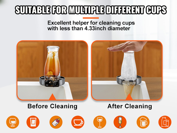 VEVOR glass rinser efficiently cleans various cups, including baby bottles and barware, under 4.33 inches.