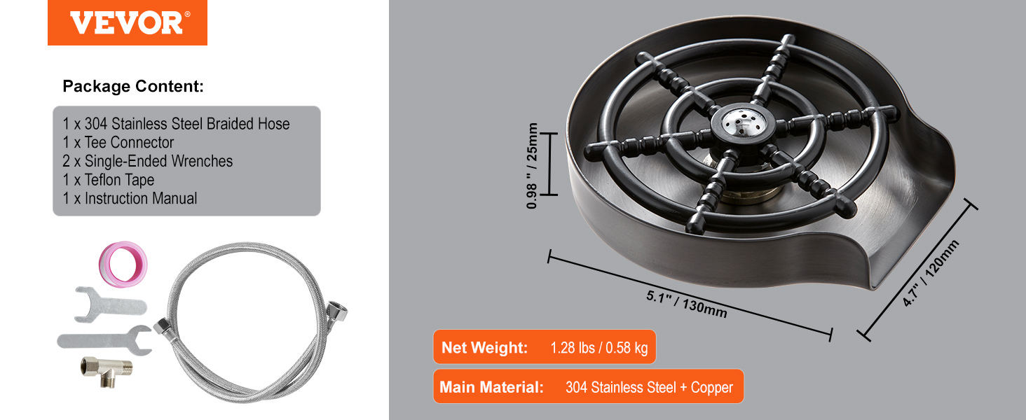 package content and dimensions of VEVOR glass rinser featuring stainless steel and copper parts.