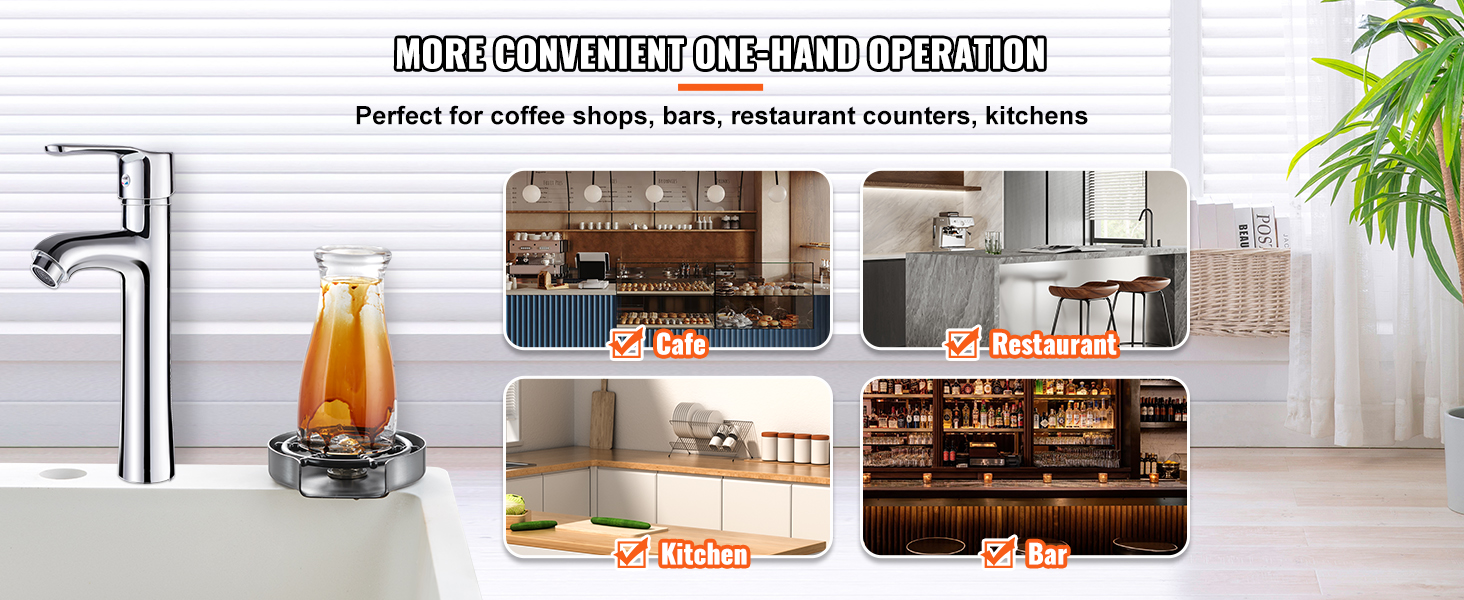 VEVOR glass rinser perfect for cafes, restaurants, bars, and kitchens with one-hand operation.