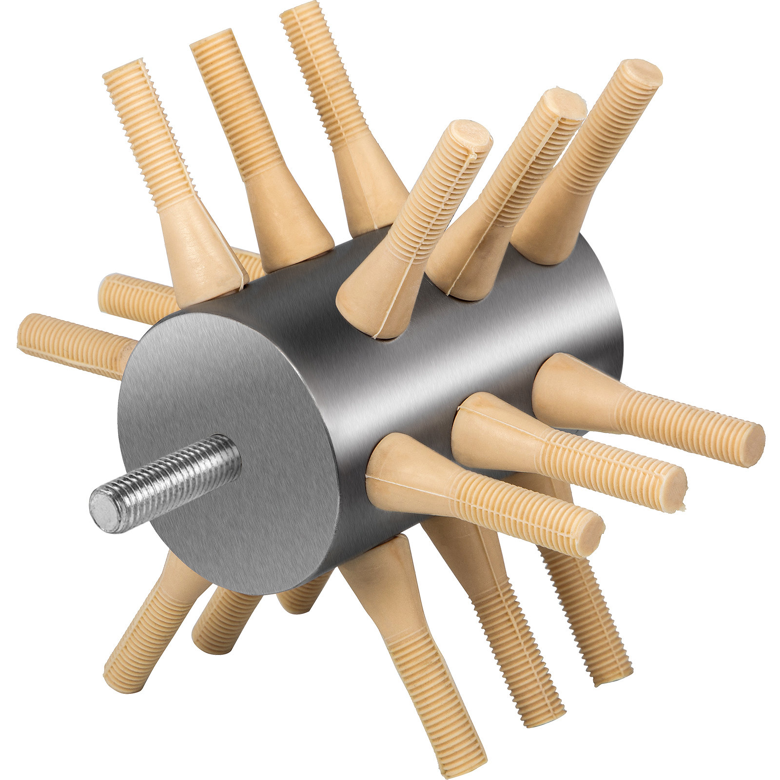 VEVOR chicken plucker cylinder with beige rubber fingers and a metal screw attachment.