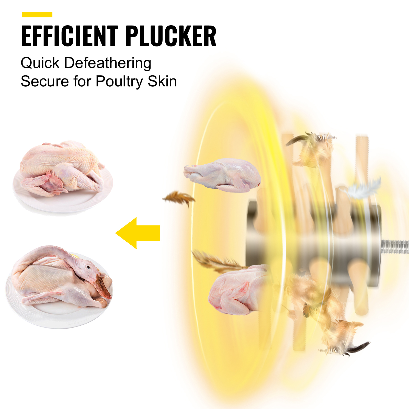 VEVOR chicken plucker efficiently defeathers poultry, ensuring smooth skin.
