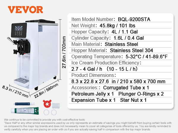 VEVOR commercial ice cream machine details: stainless steel, 1.6l cylinder, 4l hopper, 27.6in height, accessories.