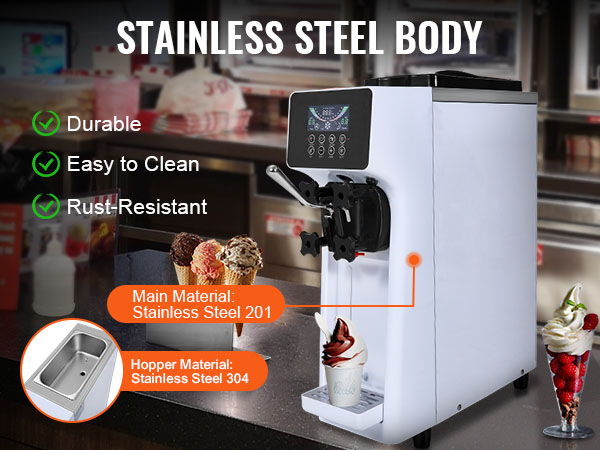 VEVOR commercial ice cream machine with durable, easy-to-clean, and rust-resistant stainless steel body.