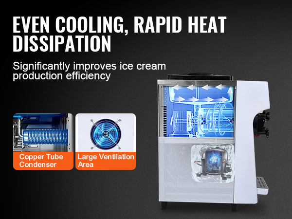 VEVOR commercial ice cream machine showcasing even cooling, rapid heat dissipation, and quiet operation.