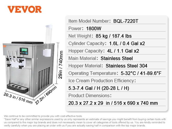 VEVOR commercial ice cream machine, stainless steel, 1800w, dimensions: 20.3 x 27.2 x 29 inches.